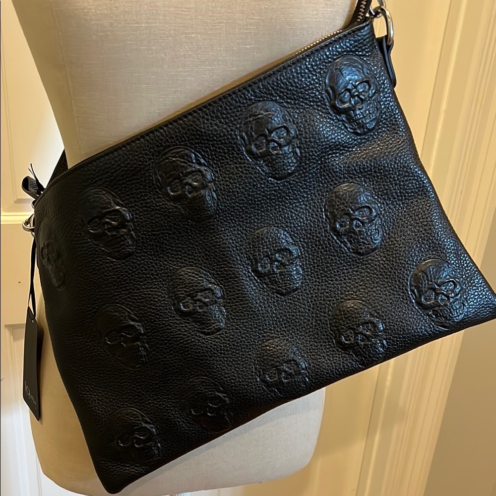 BNNU with Tag IOPelle Black Skull Embossed Leather Crossbody